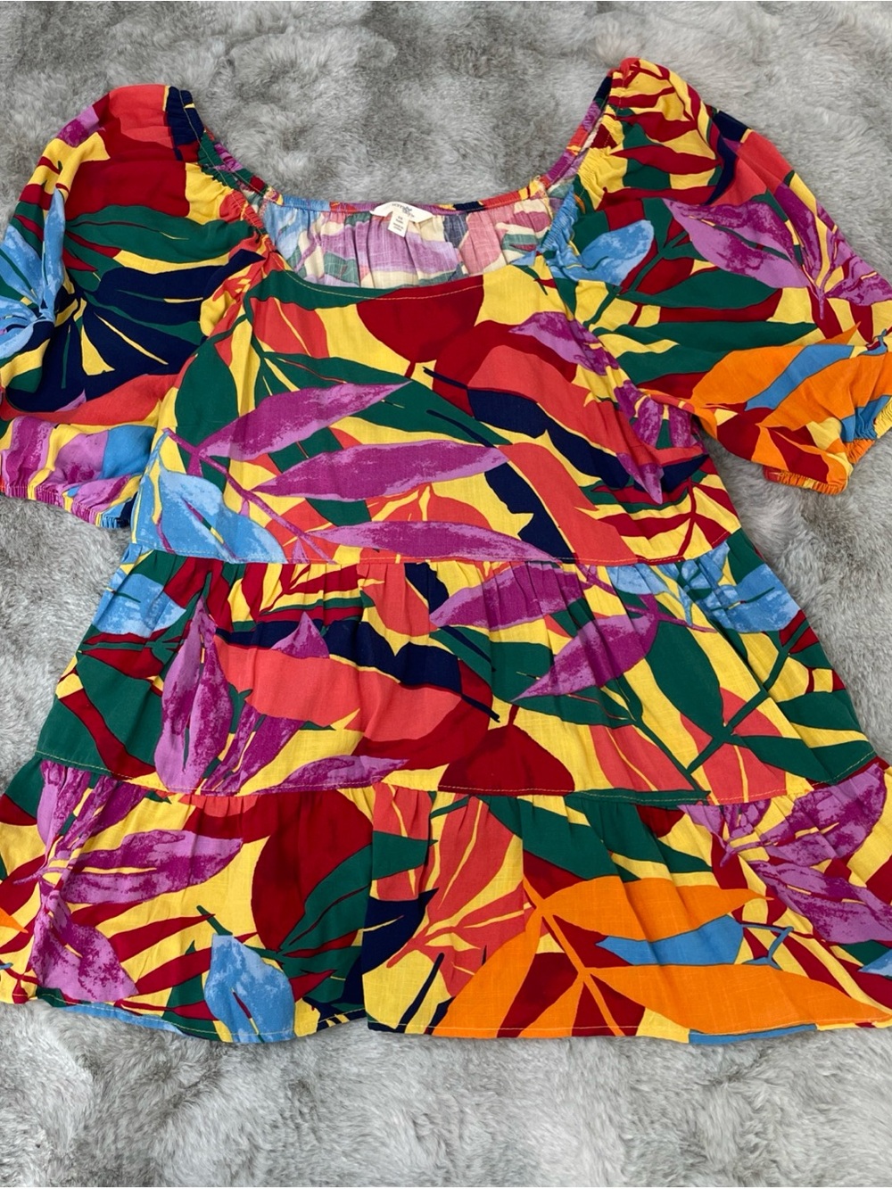 Terra & Sky Multicolor Tropical Print Puff Sleeve Blouse-0318